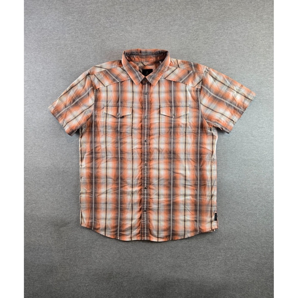 prAna Shirt Mens Large Orange Plaid‎ Pearl Snap Western Organic Cotton Blend